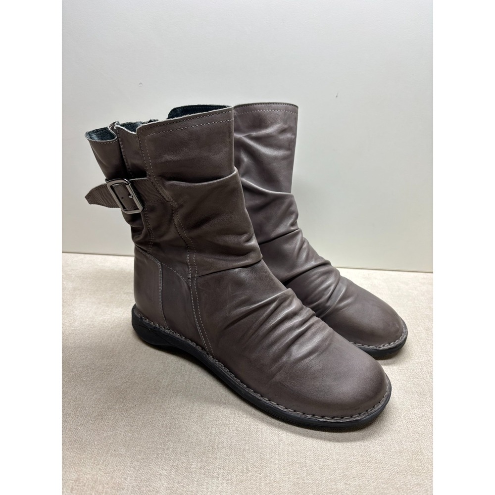 Miz Mooz Boots Womens 38 Gray Leather Buckled Mid Parade Slouch Ruched